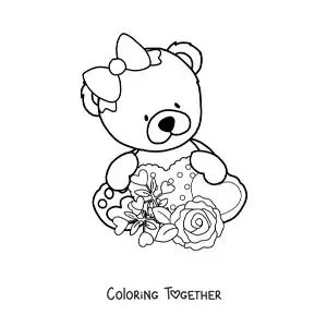 Coloring page of a girl teddy bear sitting with flowers and hearts