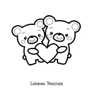 Coloring page of a pair of animated bears with a heart
