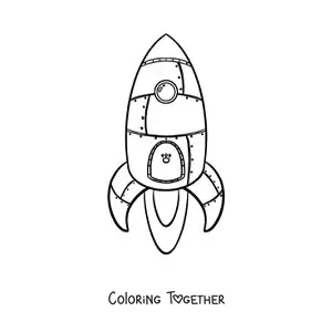 Coloring page of a space rocket flying upward