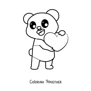 Coloring page of a kawaii bear holding a heart