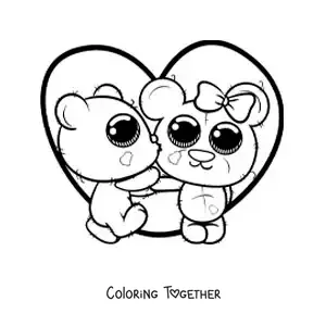 Coloring page of kawaii teddy bears in love with a big heart