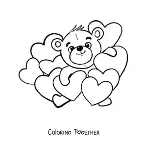Coloring page of a little bear surrounded by hearts
