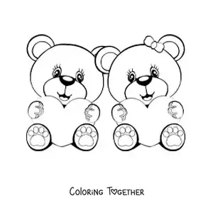 Coloring page of a pair of loving bears sitting with hearts