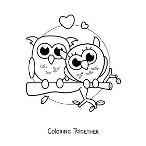Coloring page of a pair of kawaii owls in love