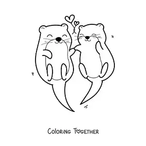 Coloring page of a pair of kawaii otters in love