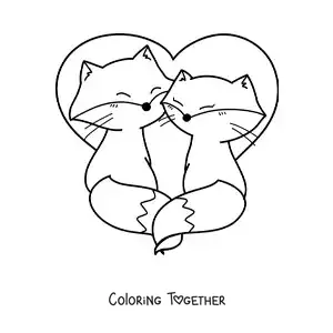 Coloring page of a pair of kawaii foxes in love