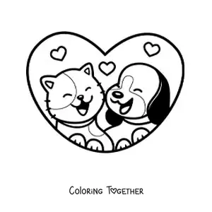 Coloring page of a kawaii bear and cat in love in a heart