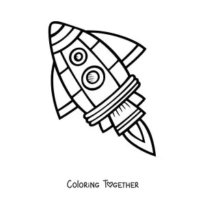 Coloring page of a space rocket flying tilted to the left