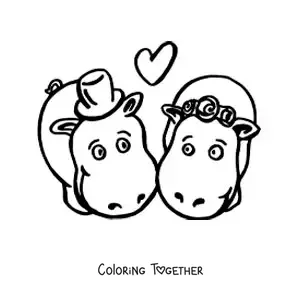Coloring page of a pair of kawaii hippos in love