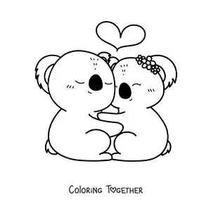 Coloring page of a pair of kawaii koalas in love