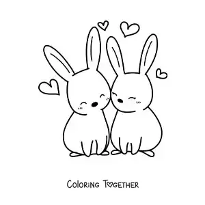 Coloring page of a pair of kawaii rabbits in love