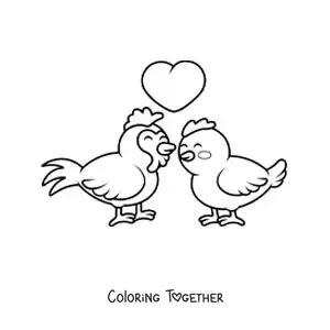 Coloring page of a pair of kawaii rooster and hen in love