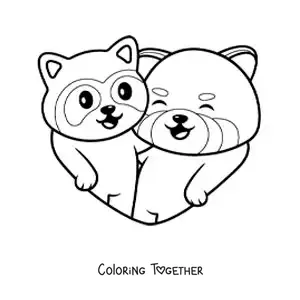 Coloring page of a pair of animated red pandas in love