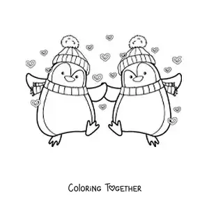 Coloring page of a pair of animated penguins in love