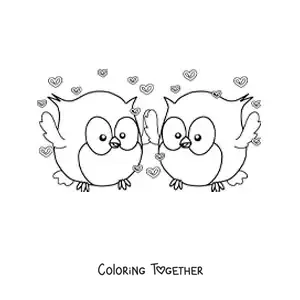 Coloring page of a pair of animated owls in love