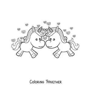 Coloring page of a pair of animated unicorns in love