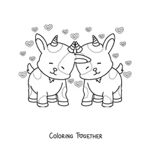 Coloring page of a pair of animated goats in love