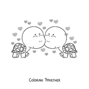 Coloring page of a pair of animated turtles in love