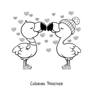 Coloring page of a pair of animated flamingos in love