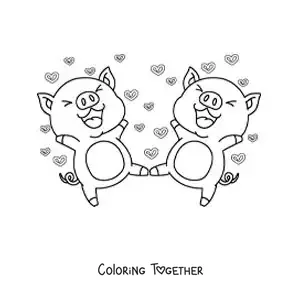 Coloring page of a pair of animated piglets in love