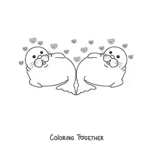 Coloring page of a pair of animated seals in love