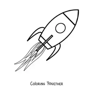 Coloring page of a space rocket flying with its thrusters on