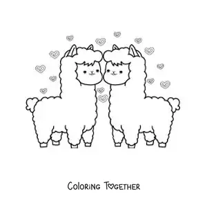 Coloring page of a pair of animated alpacas in love