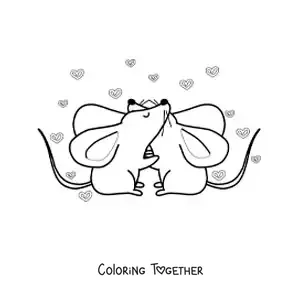 Coloring page of a pair of animated mice in love