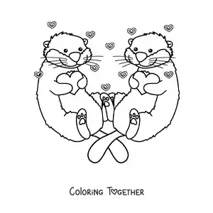 Coloring page of a pair of animated otters in love