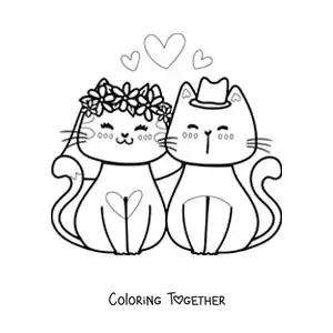 Coloring page of a kawaii kitten wedding with hearts