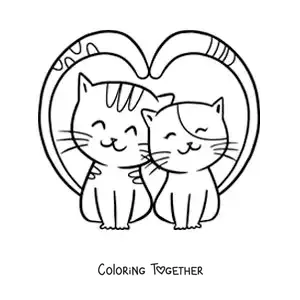 Coloring page of cats in love with their tails forming a heart