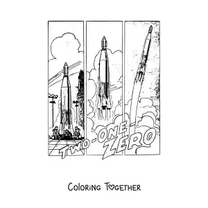 Coloring page of a scene showing the launch of a realistic rocket