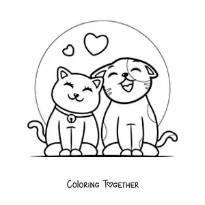 Coloring page of cats in love meowing with hearts