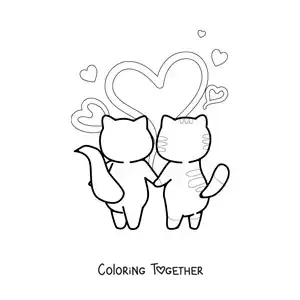 Coloring page of a pair of kittens holding paws with hearts