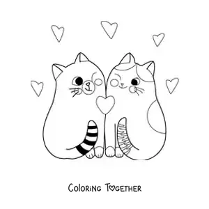Coloring page of a pair of animated kittens in love together with hearts