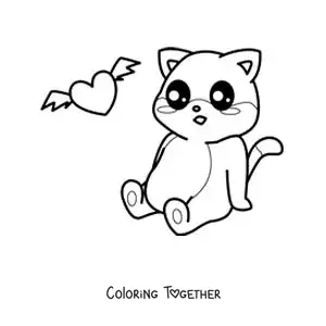Coloring page of a kawaii animated cat sitting with a winged heart