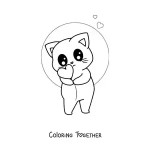 Coloring page of a kawaii animated cat with a heart balloon
