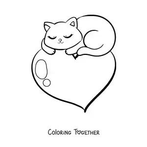 Coloring page of a cute kitten sleeping on a heart