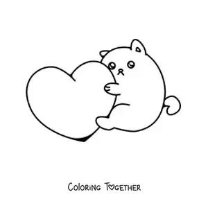 Coloring page of a cute kitten hugging a heart