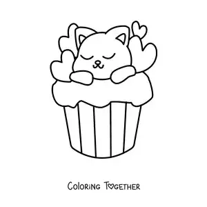 Coloring page of a cute cat sleeping on a heart cupcake