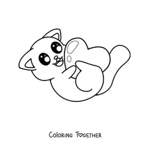 Coloring page of a kawaii cat playing with a heart