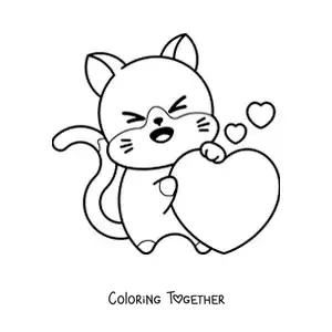 Coloring page of a kawaii cat with a big heart