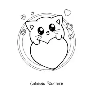 Coloring page of a cute kawaii cat with Valentine's hearts
