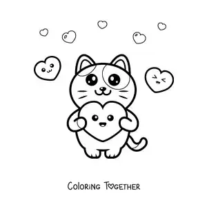 Coloring page of a cute cartoon cat with kawaii hearts
