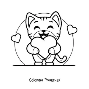 Coloring page of a cartoon cat with hearts