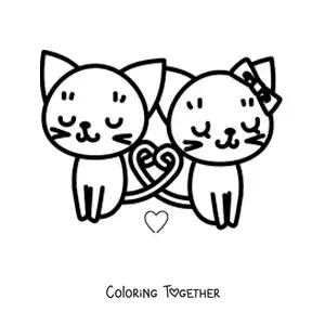 Coloring page of cute kittens in love with their tails forming a heart