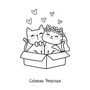 Coloring page of cute newlywed kittens sitting in a box