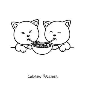Coloring page of kittens in love having a spaghetti dinner