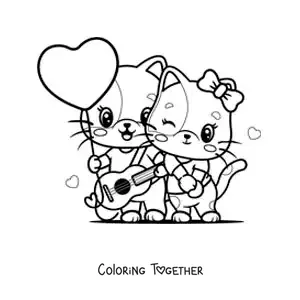Coloring page of rocker kittens in love with a heart balloon
