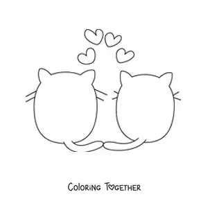 Coloring page of a silhouette of two cats in love with hearts